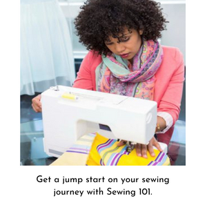 Woman at a sewing machine announcing registrations for Sewing 101.